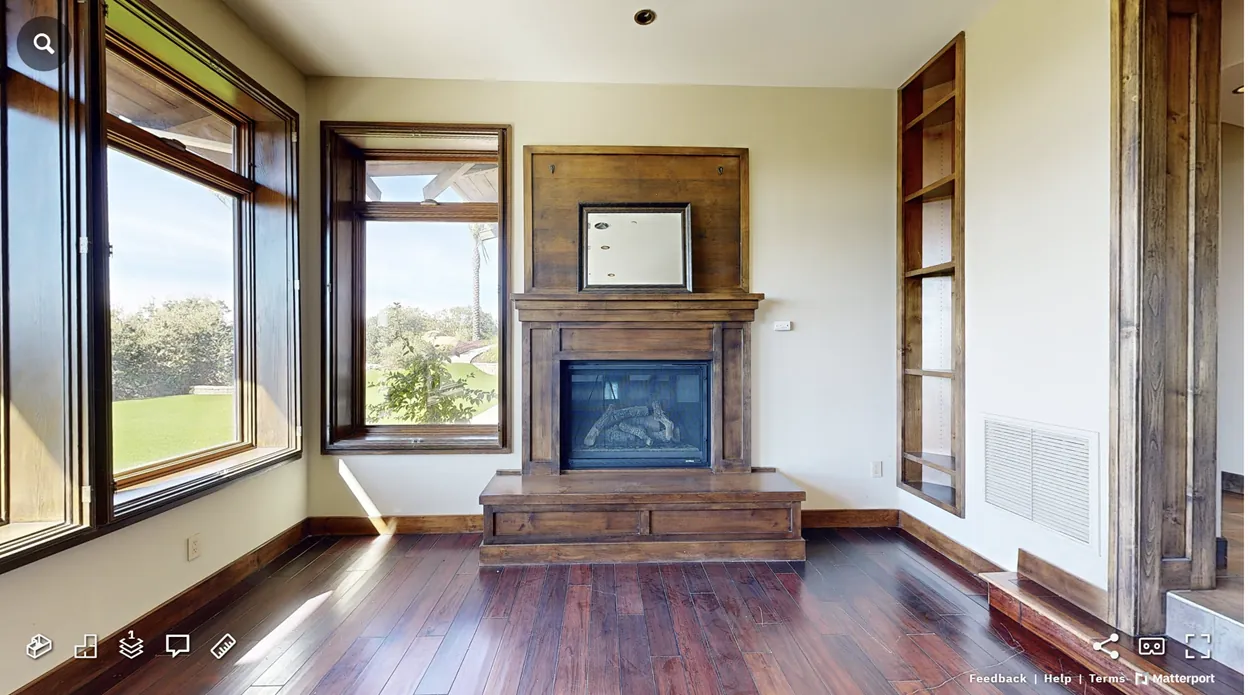 Living room and fireplace in a Matterport tour