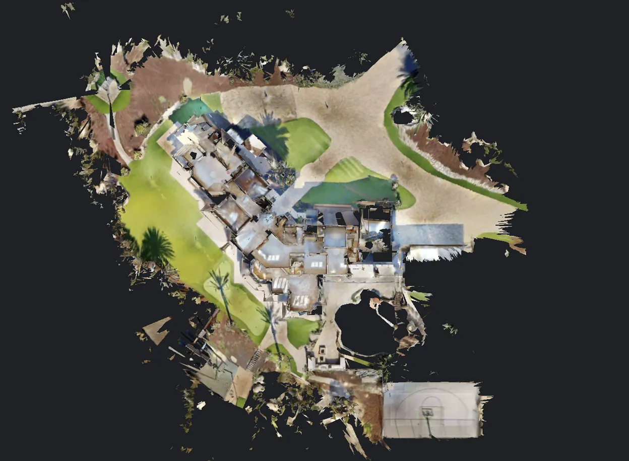 Top-down Matterport 3D model of an estate with a pool and sport court
